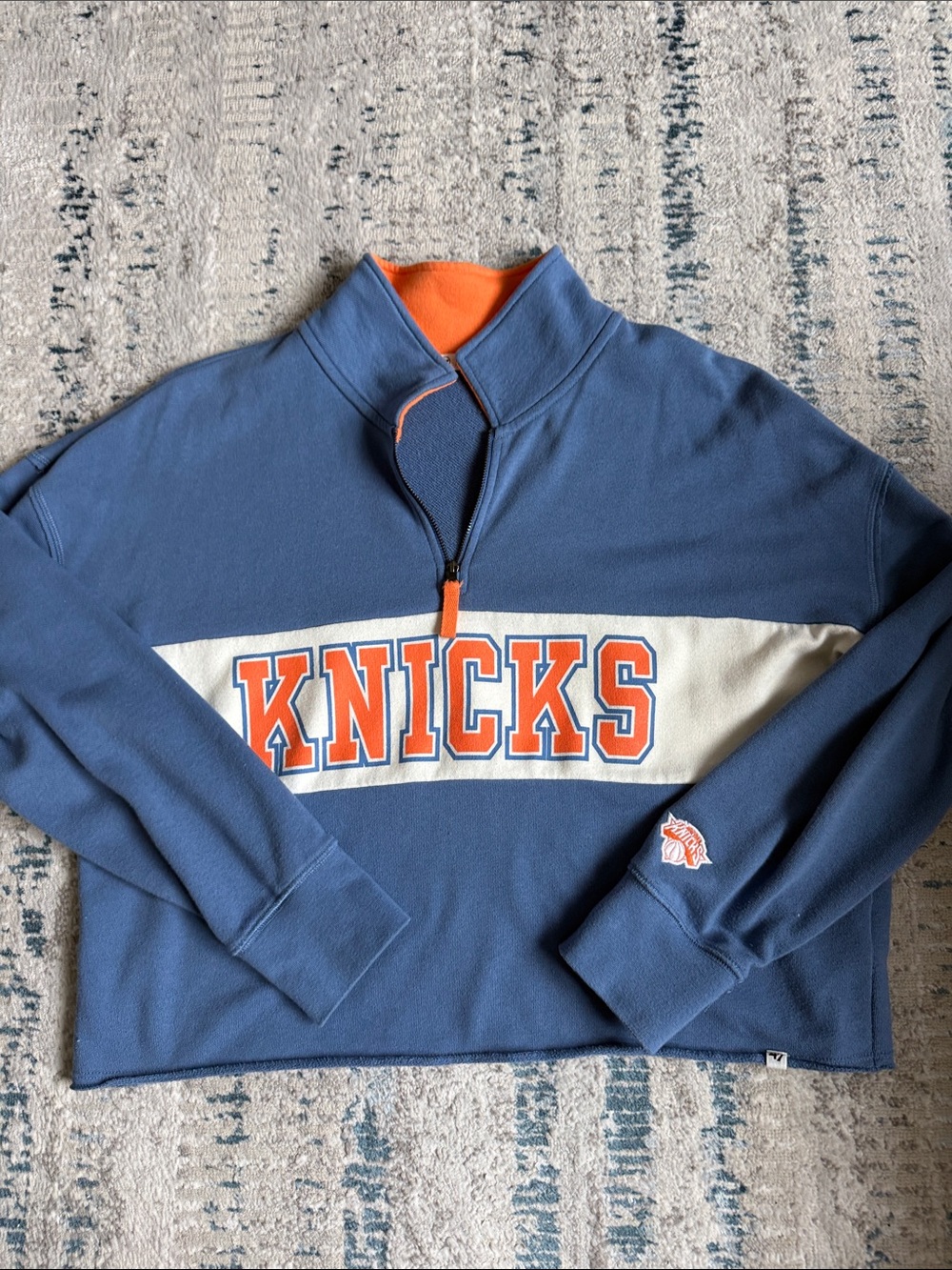 Women’s 47 Brand Blue & Orange New York Knicks Crop Quarter-Zip - size large